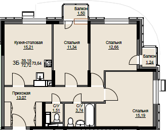 3 комн. квартира, 73.5 м², 2 этаж 