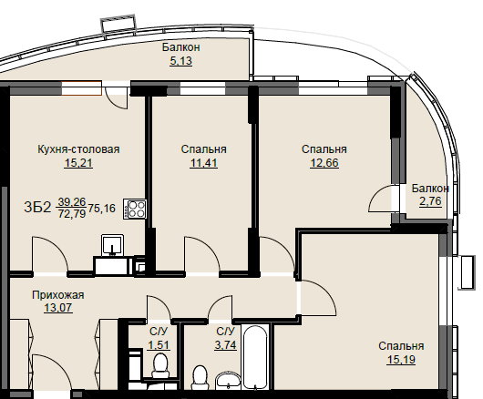 3 комн. квартира, 75.2 м², 14 этаж 