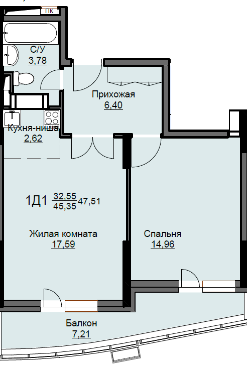 1 комн. квартира, 47.5 м², 15 этаж 