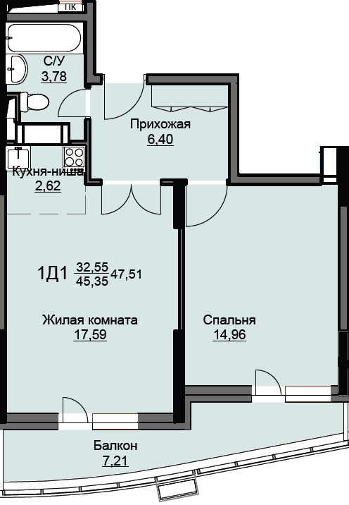 1 комн. квартира, 47.5 м², 17 этаж 