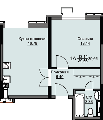 1 комн. квартира, 39.7 м², 1 этаж 