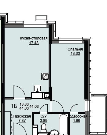 1 комн. квартира, 44 м², 1 этаж 