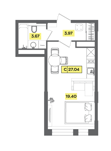 студия, 27 м², 2 этаж 