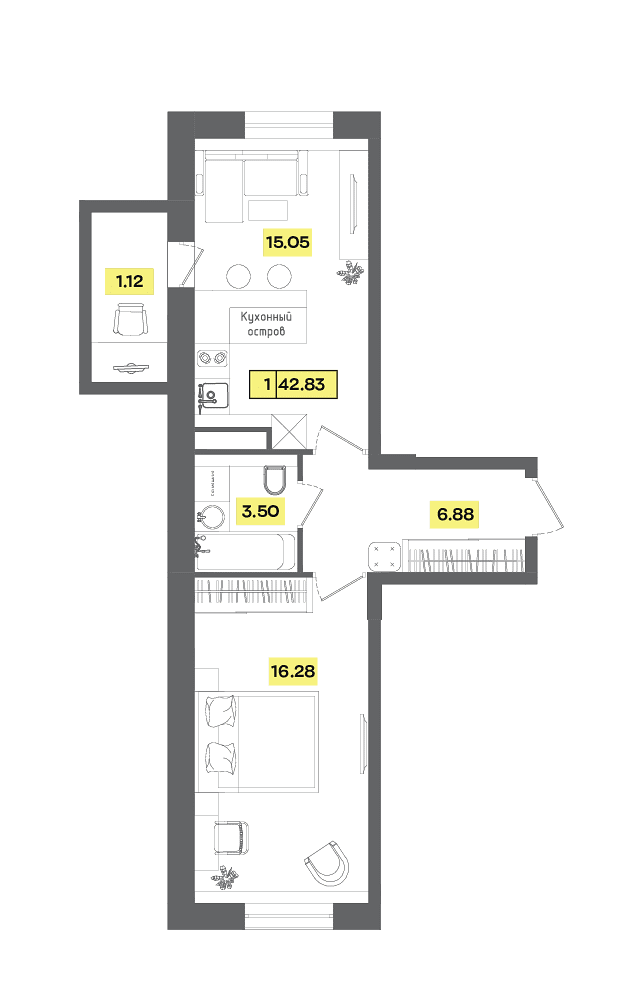 1 комн. квартира, 42.8 м², 2 этаж 