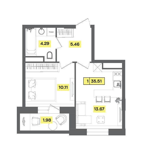 1 комн. квартира, 35.5 м², 3 этаж 
