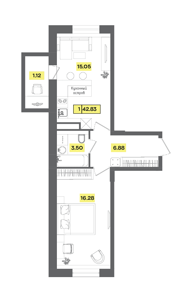 1 комн. квартира, 42.8 м², 3 этаж 