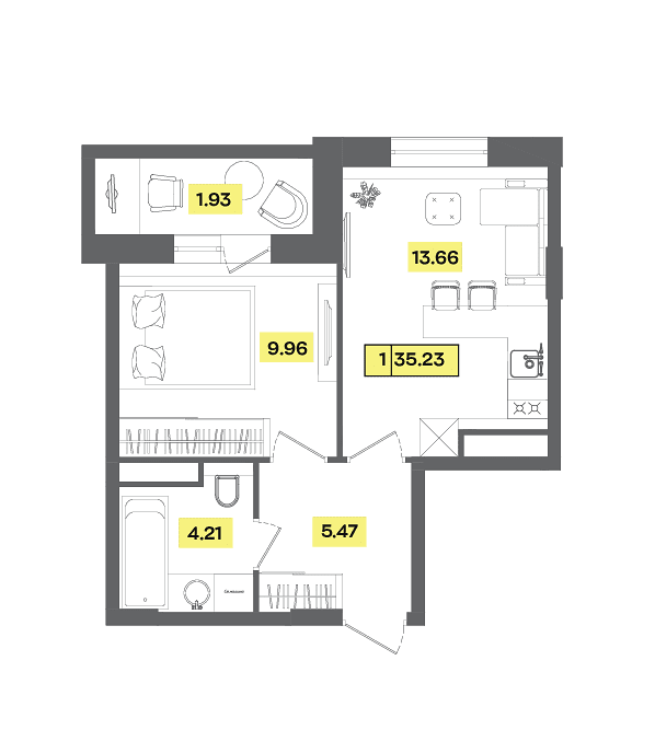 1 комн. квартира, 35.2 м², 3 этаж 