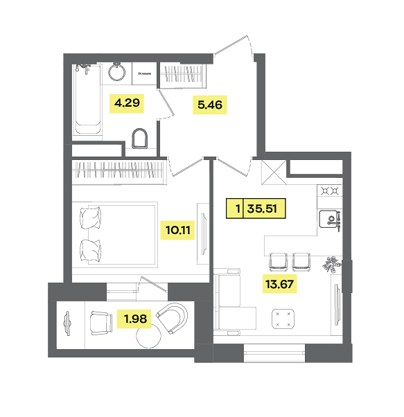 1 комн. квартира, 35.5 м², 4 этаж 