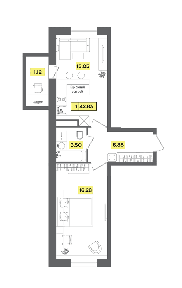 1 комн. квартира, 42.8 м², 4 этаж 