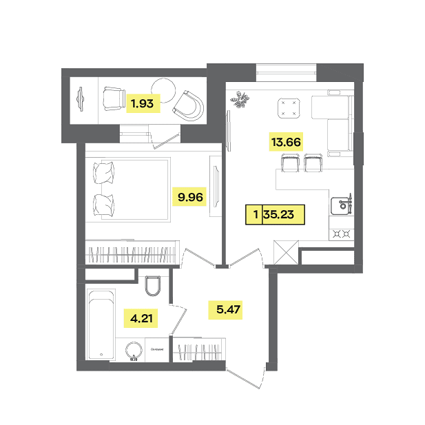 1 комн. квартира, 35.2 м², 4 этаж 
