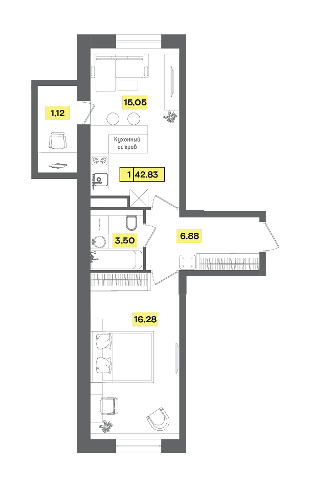 1 комн. квартира, 42.8 м², 5 этаж 