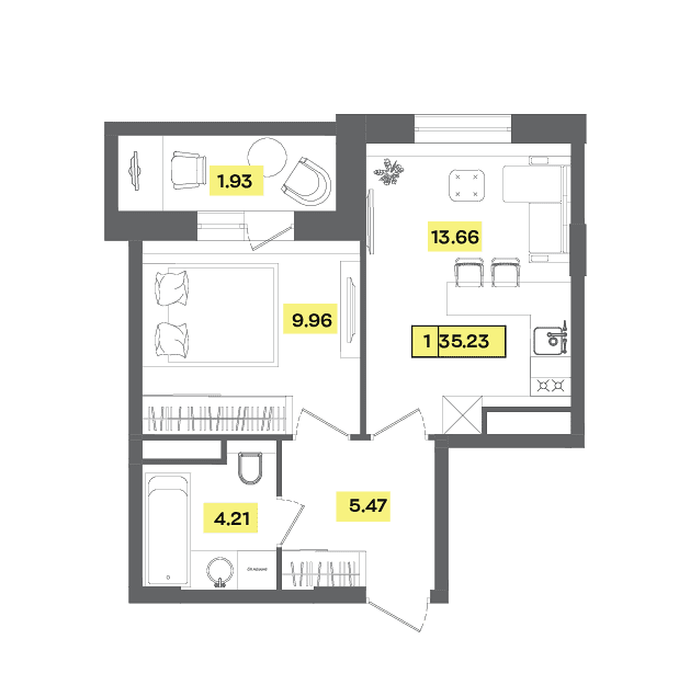 1 комн. квартира, 35.2 м², 5 этаж 
