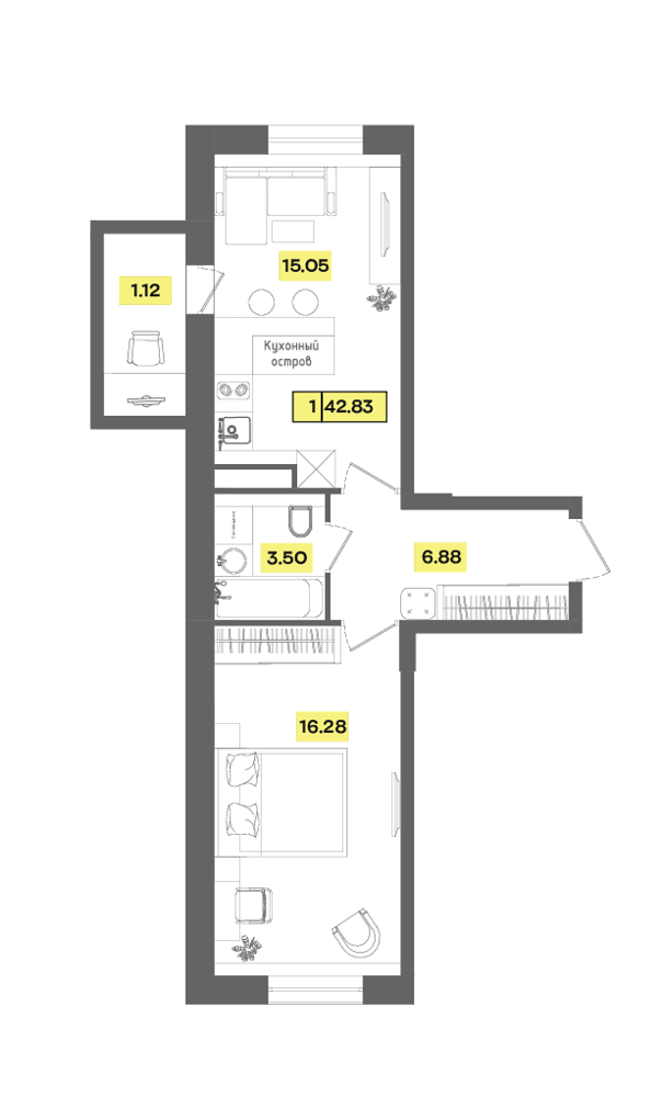 1 комн. квартира, 42.8 м², 7 этаж 