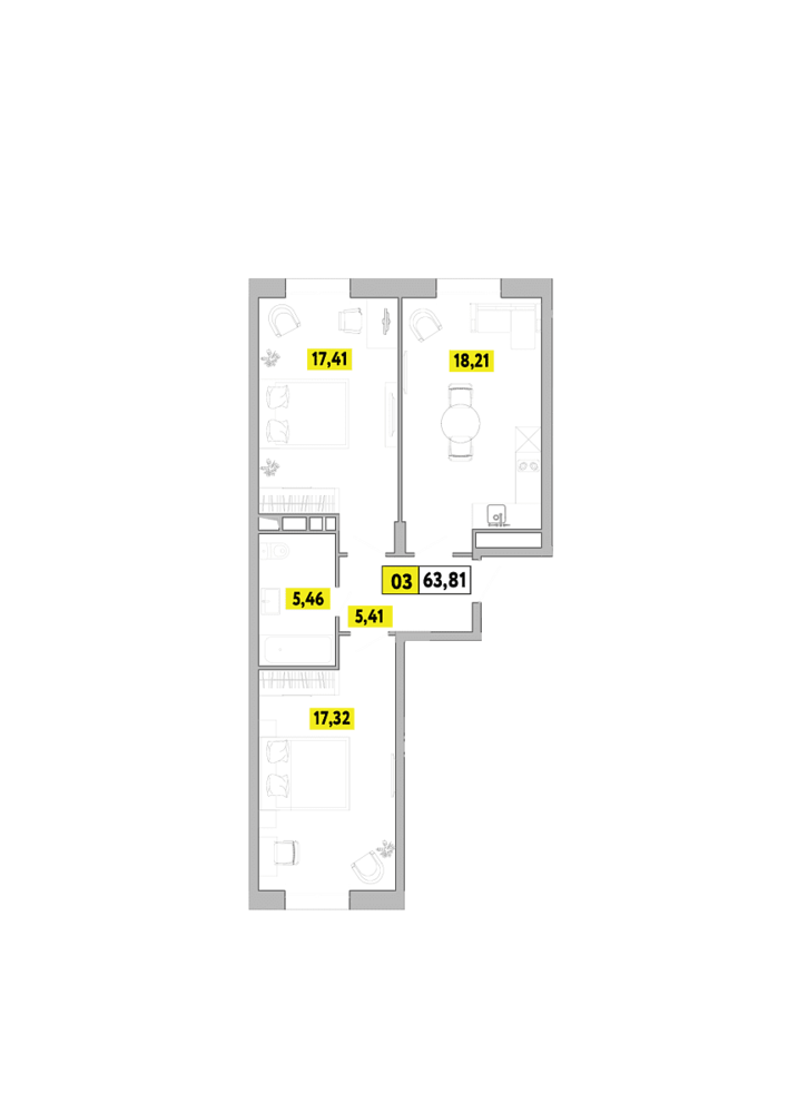 2 комн. квартира, 63.8 м², 1 этаж 