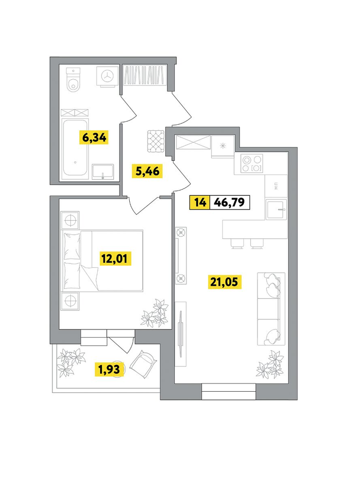 1 комн. квартира, 46.8 м², 6 этаж 