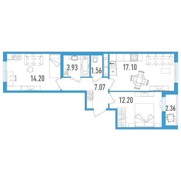 1 комн. квартира, 57.2 м², 2 этаж 