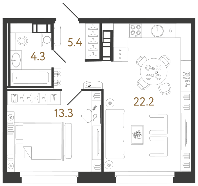 1 комн. квартира, 45.2 м², 2 этаж 