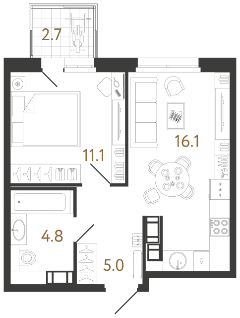 1 комн. квартира, 37 м², 10 этаж 