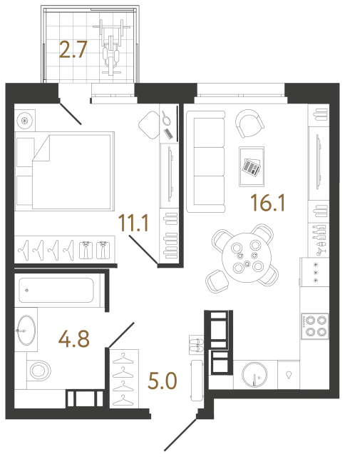 1 комн. квартира, 37 м², 7 этаж 