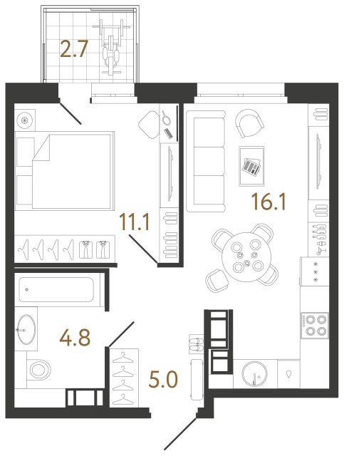 1 комн. квартира, 37 м², 8 этаж 