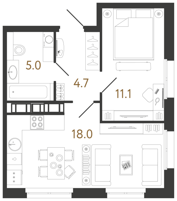 1 комн. квартира, 38.8 м², 10 этаж 