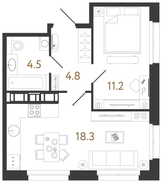1 комн. квартира, 38.8 м², 14 этаж 