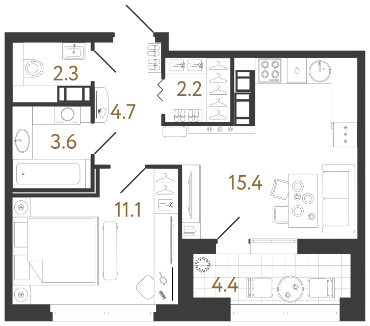 1 комн. квартира, 39.3 м², 11 этаж 