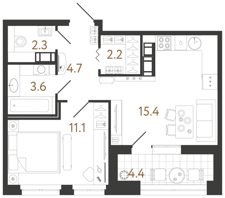 1 комн. квартира, 39.3 м², 7 этаж 