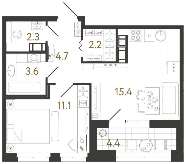 1 комн. квартира, 39.3 м², 9 этаж 