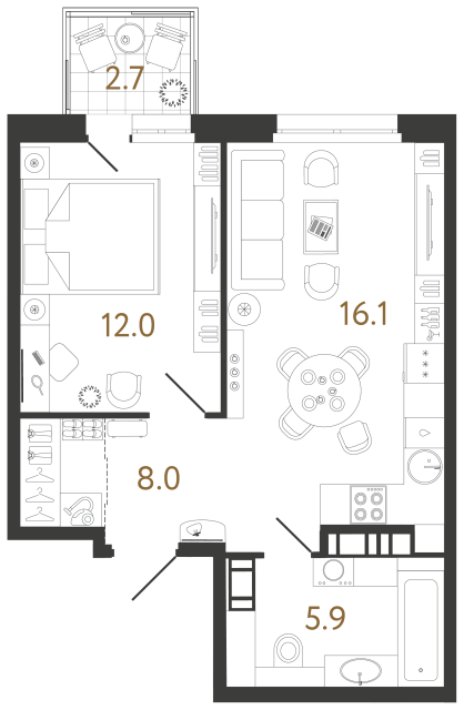 1 комн. квартира, 42 м², 9 этаж 