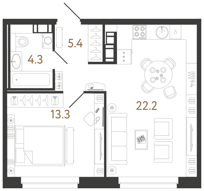 1 комн. квартира, 45.2 м², 13 этаж 