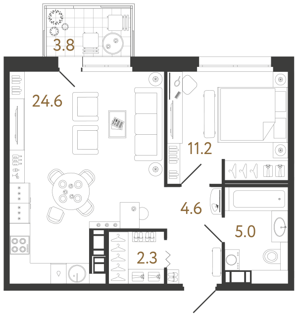 1 комн. квартира, 47.7 м², 11 этаж 