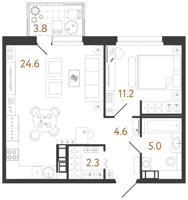 1 комн. квартира, 47.7 м², 12 этаж 