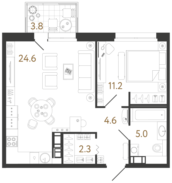 1 комн. квартира, 47.7 м², 9 этаж 