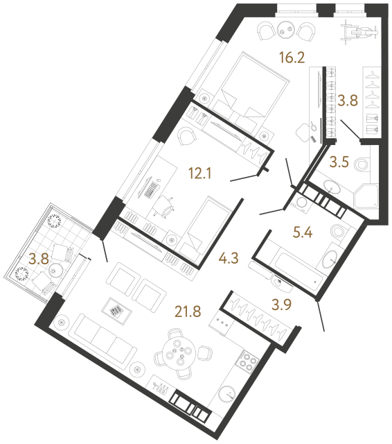 2 комн. квартира, 71 м², 8 этаж 
