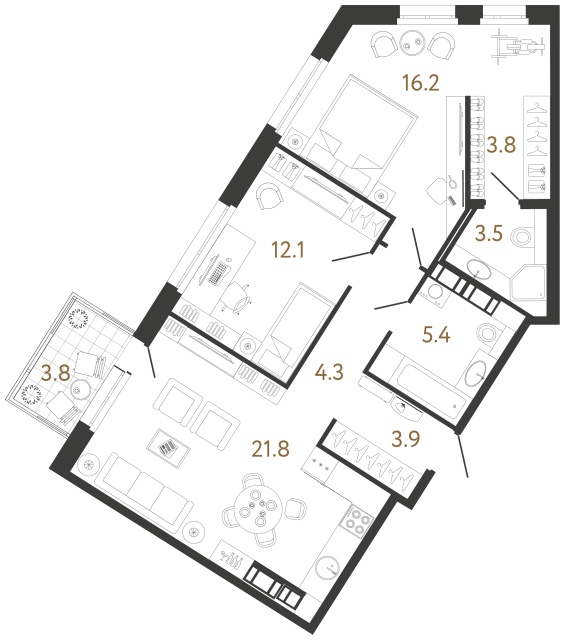 2 комн. квартира, 71 м², 14 этаж 
