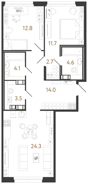 2 комн. квартира, 77.7 м², 8 этаж 