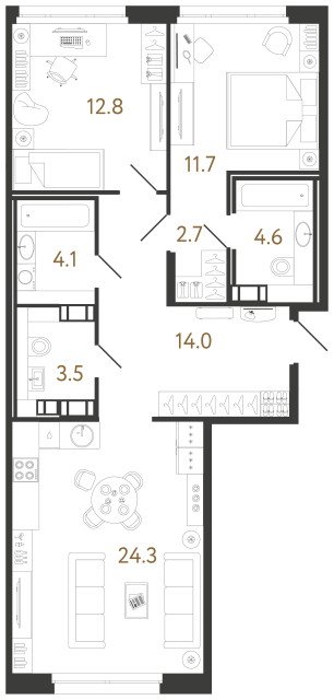 2 комн. квартира, 77.7 м², 13 этаж 
