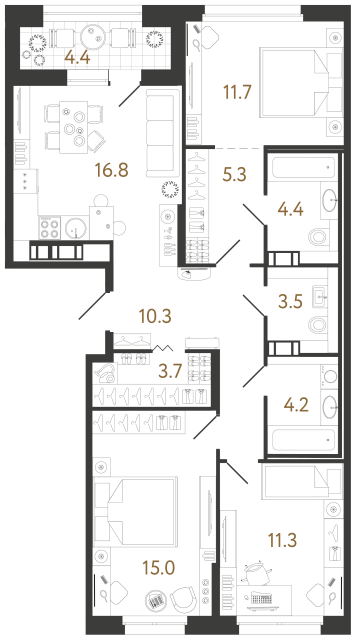 3 комн. квартира, 86.2 м², 6 этаж 