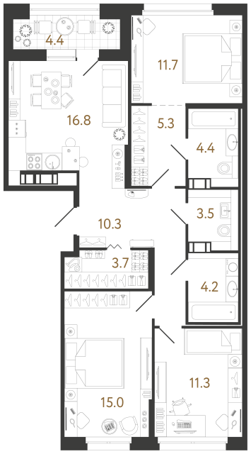 3 комн. квартира, 86.2 м², 12 этаж 