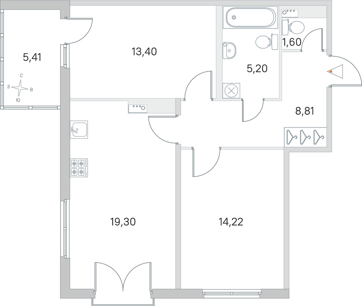 2 комн. квартира, 62.5 м², 4 этаж 