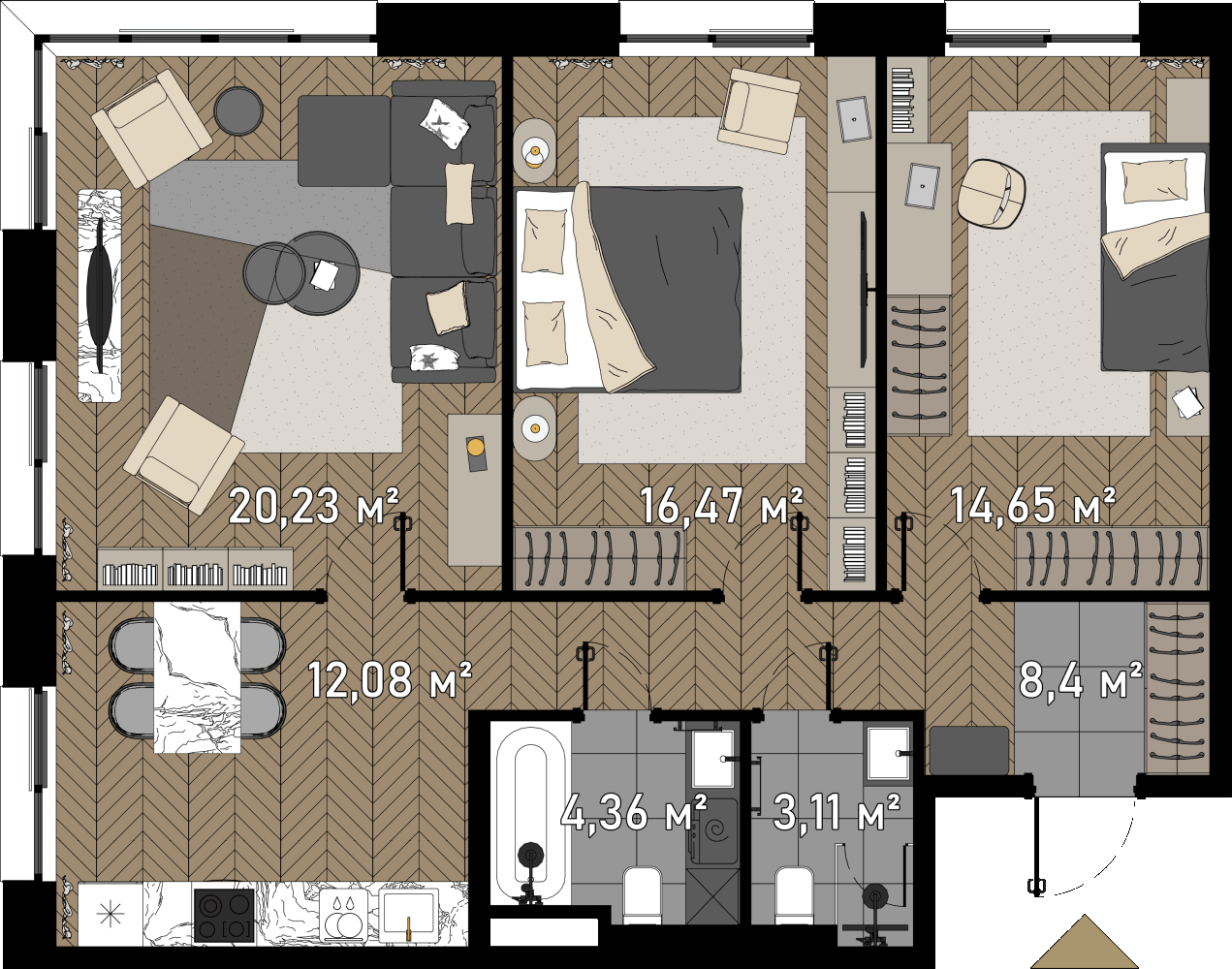 3 комн. квартира, 81.6 м², 20 этаж  (из 23)