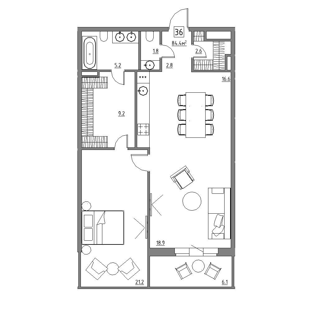 квартира со свободной планировкой, 84.4 м², 2 этаж 