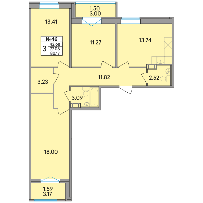 3 комн. квартира, 80.2 м², 3 этаж 