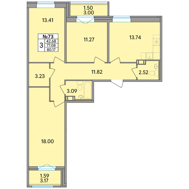 3 комн. квартира, 80.2 м², 6 этаж 