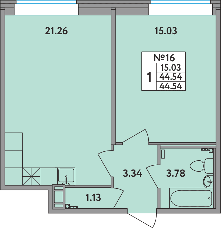 1 комн. квартира, 44.5 м², 2 этаж 