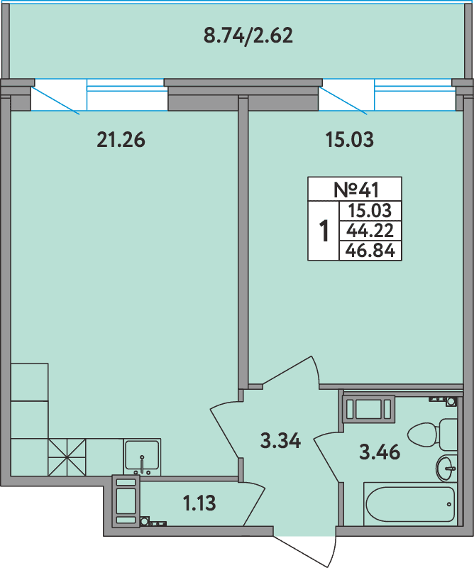 1 комн. квартира, 46.8 м², 4 этаж 