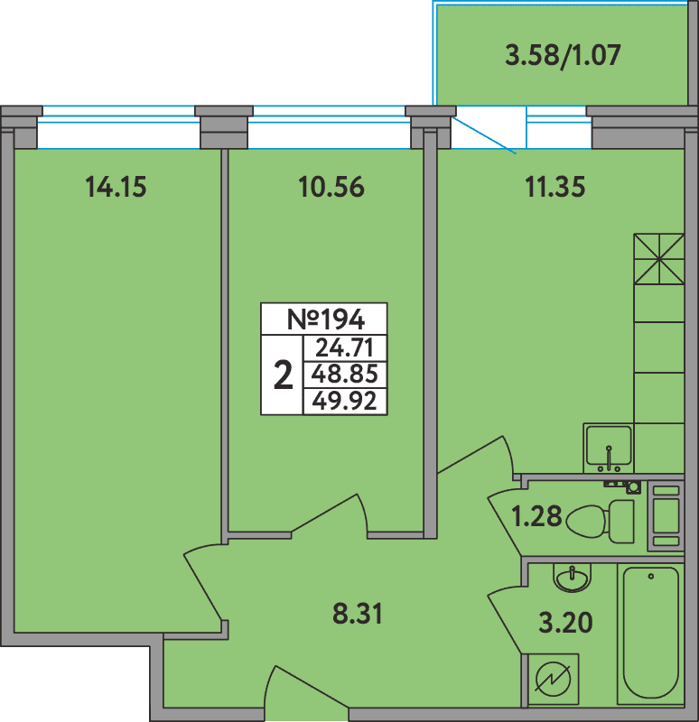 2 комн. квартира, 49.9 м², 3 этаж 