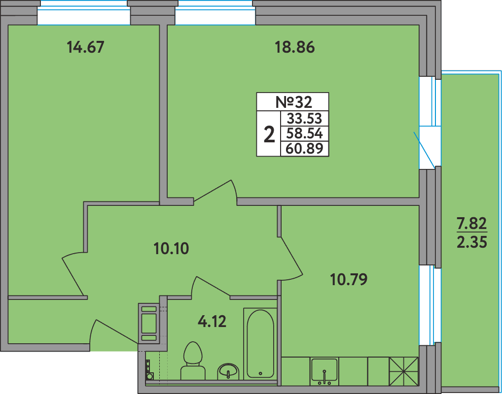 2 комн. квартира, 60.9 м², 3 этаж 