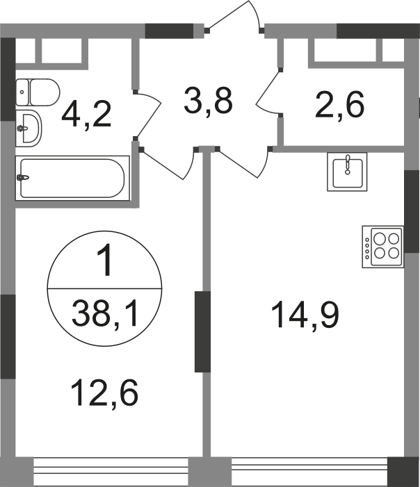 1 комн. квартира, 38.1 м², 7 этаж  (из 17)
